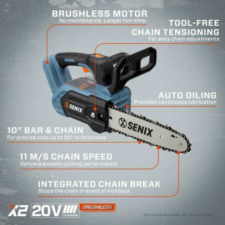 Senix 20 Volt Max* 10-Inch Cordless Brushless Top Handle Chainsaw, Tool Only CSX2-M1-0